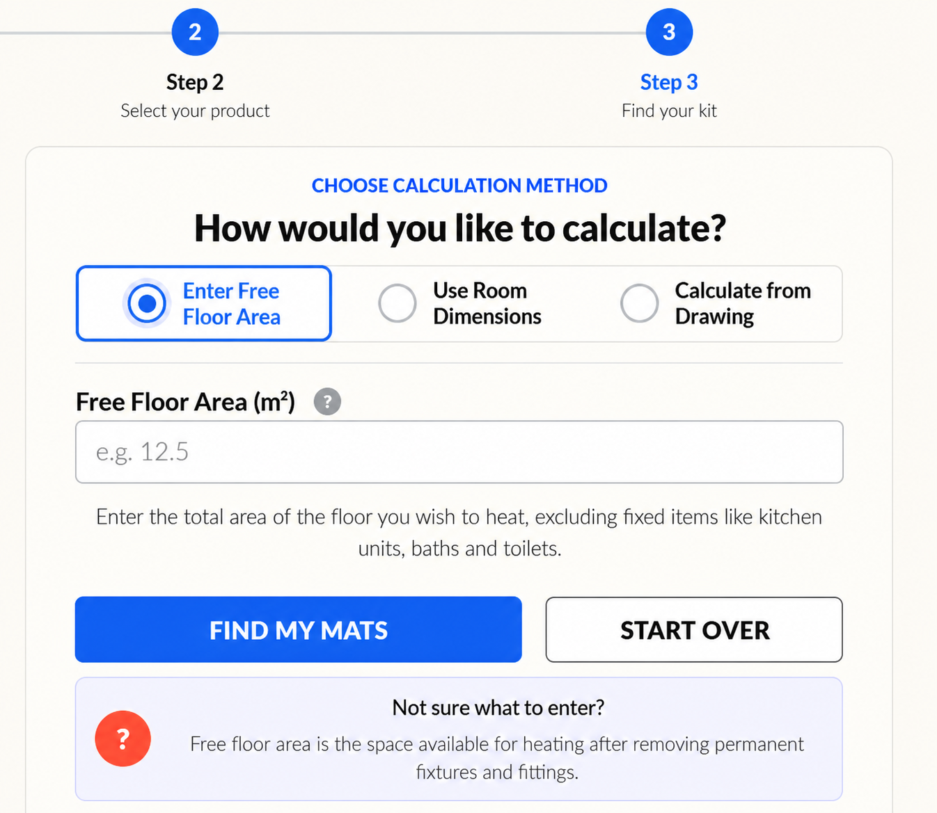 Underfloor heating calculator product selection interface
